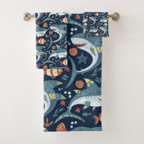 Cute shark cartoon doodle pattern ocean blue bath towel set