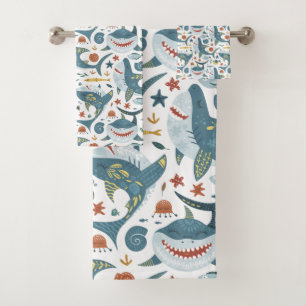 Cute shark cartoon doodle pattern under the sea bath towel set