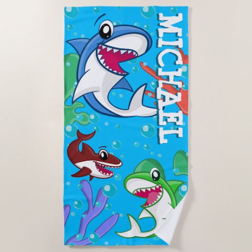 Cute Shark Cartoon Underwater Blue Ocean Kids Beach Towel