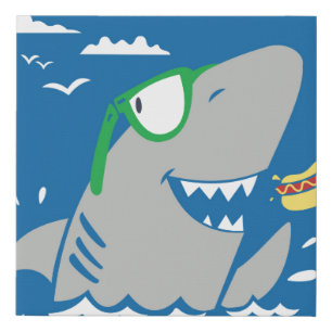 Cute shark cartoon vintage eating a hot dog on blu faux canvas print