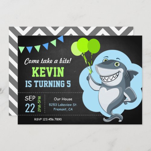 Cute Shark Chalkboard Kids Birthday Party Invitation