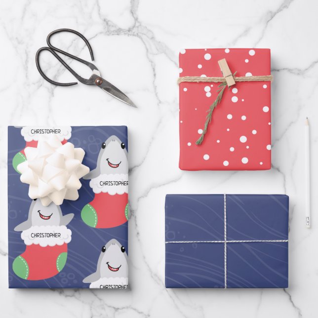 Cute Shark Christmas Stocking Wrapping Paper Sheets (Front)