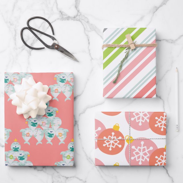 Cute Shark Christmas Tree Wrapping Paper Sheets (Front)