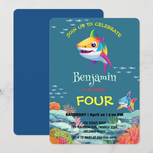 Cute shark colorful rainbow birthday party kids invitation (Front/Back)