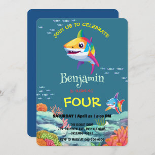 Cute shark colorful rainbow birthday party kids invitation