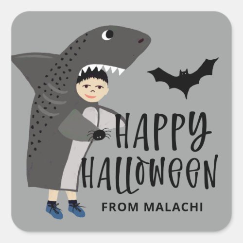 Cute Shark Costume Kids Name Halloween Party Square Sticker