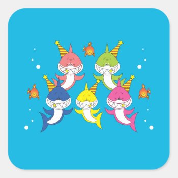 Cute Shark Family Cartoon Square Sticker by HeeHeeCreations at Zazzle