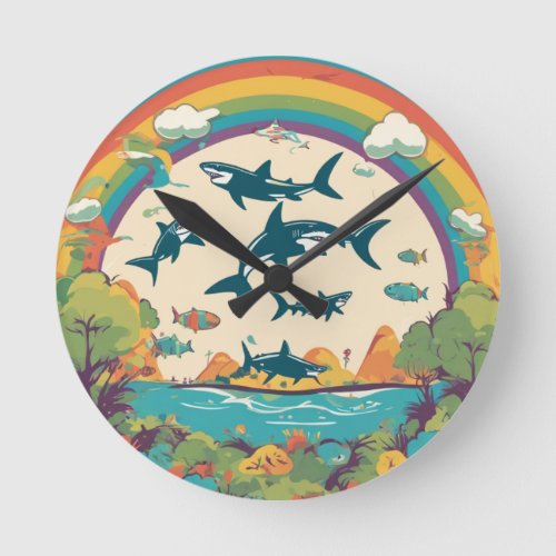 Cute Shark Family Round Clock