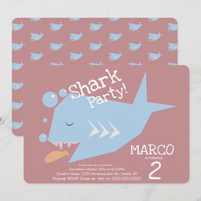 Cute Shark Geometrical Fish Any Age Birthday Blush Invitation (Front/Back)