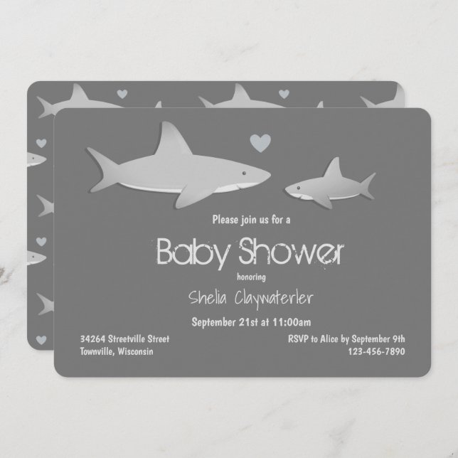 Cute Shark Gray Baby Shower Invitation (Front/Back)