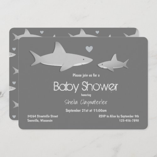 Cute Shark Gray Baby Shower Invitation