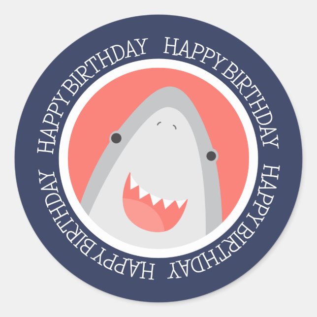 Cute Shark Happy Birthday Classic Round Sticker (Front)