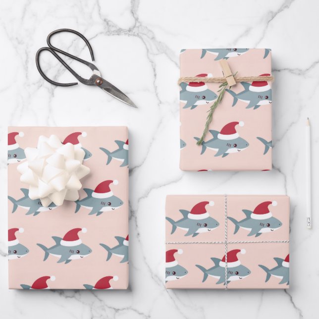 Cute Shark in a Santa Hat Light Pink Christmas Wrapping Paper Sheets (Front)