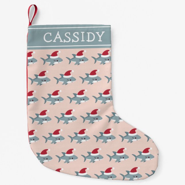 Cute Shark in a Santa Hat Light Pink Personalized Small Christmas Stocking (Front)