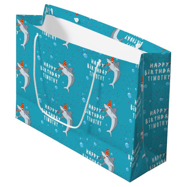 Cute Shark in Ocean Kids Birthday Party Large Gift Bag (Front Angled)