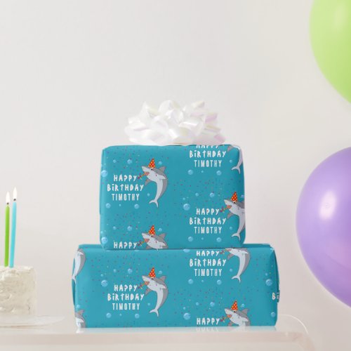 Cute Shark in Ocean Kids Birthday Party Wrapping Paper
