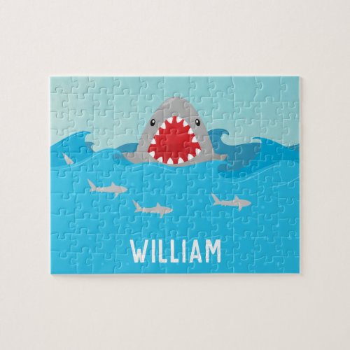 Cute Shark in Water Add Name Jigsaw Puzzle