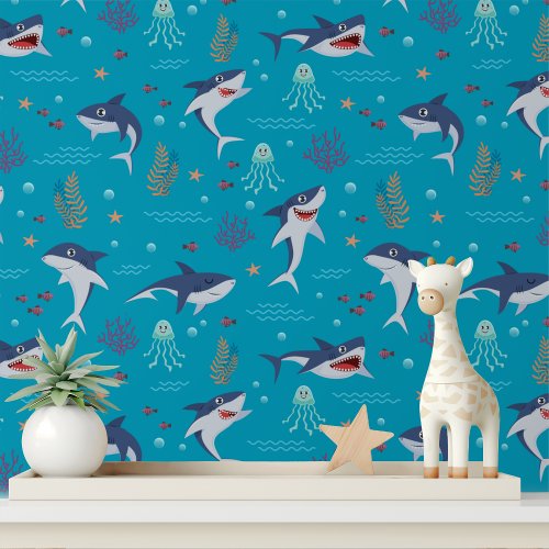 Cute Shark Jellyfish Modern Kids Pattern Wallpaper