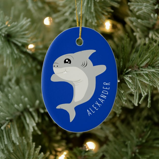 Cute Shark Kids Name Ceramic Ornament (Tree)