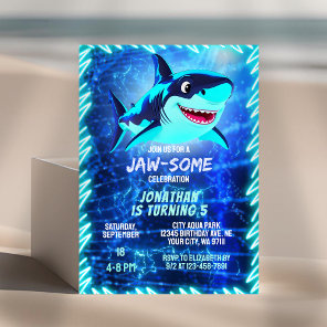 Cute Shark Neon Glow Blue Pool Party Boys Birthday Invitation