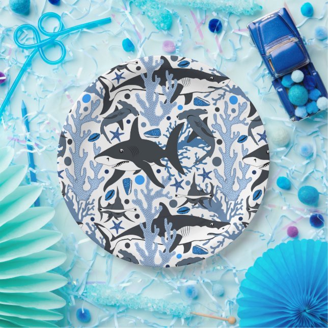Cute shark pattern beach party paper plates (Party)