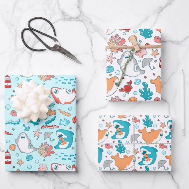 Cute Shark Pattern Wrapping Paper Sheets (Front)