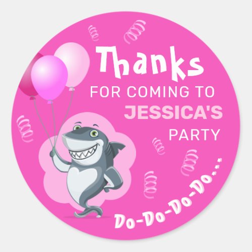 Cute Shark  Pink Balloons Birthday Classic Round Sticker