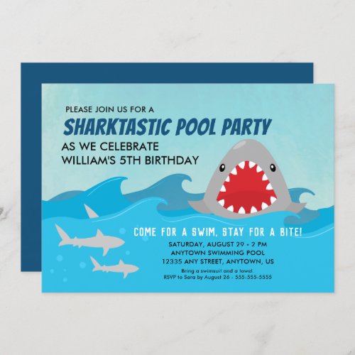 Cute Shark Pool Party  Boys Birthday Party Invitation