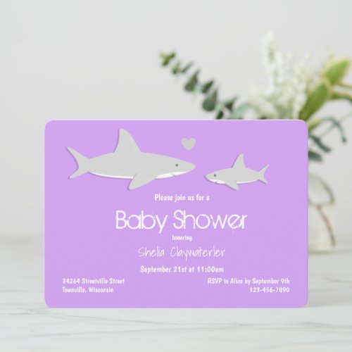 Cute Shark Purple Baby Shower Invitation