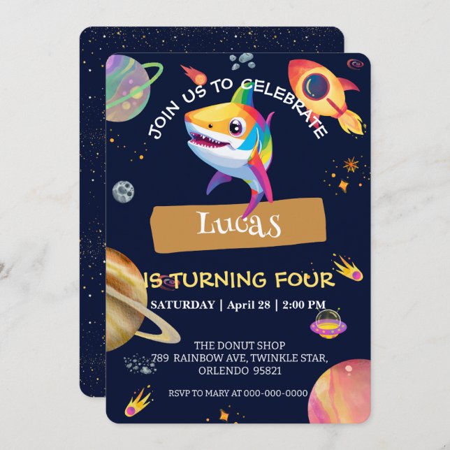 Cute Shark rainbow Galaxy space birthday party Invitation (Front/Back)