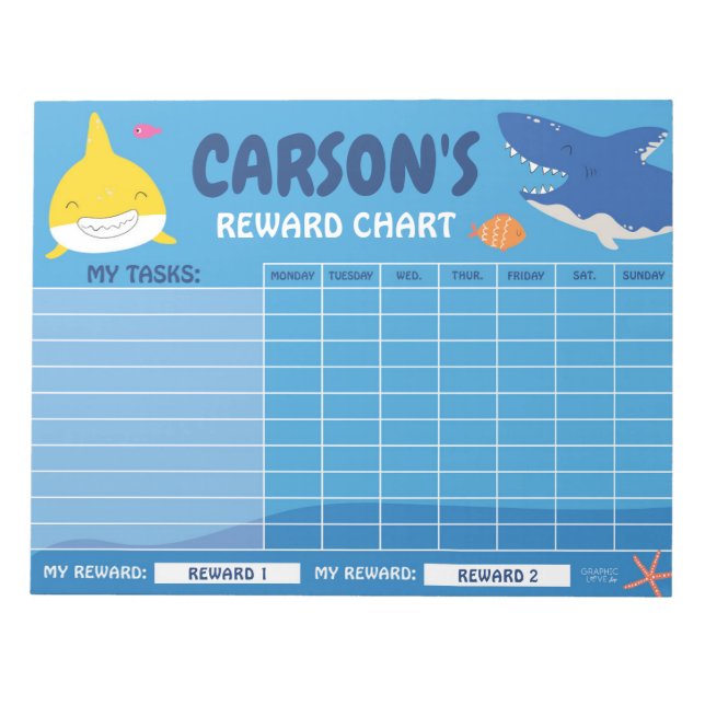 Cute Shark Reward Chart Personalized Name & Tasks Notepad (Front)