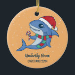 Cute Shark Santa Christmas Snowy Winter Holiday Ceramic Ornament<br><div class="desc">Cute cartoon animal ornament for kids and children. Perfect for first Christmas celebration with family. You can customize the text for any occasion.</div>