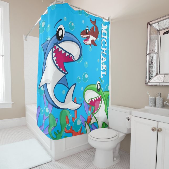 Cute Shark Sea Life Ocean Blue Customizable Kids Shower Curtain (In Situ)