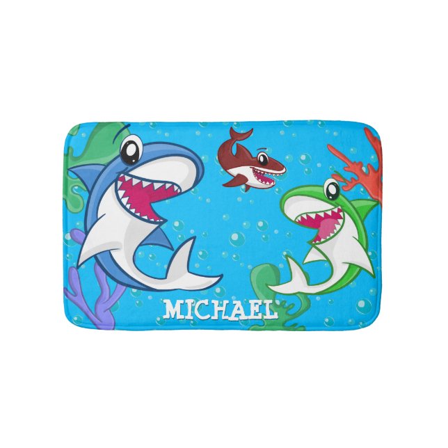 Cute Shark Sea Life Ocean Customizable Name Kids Bath Mat (Front)