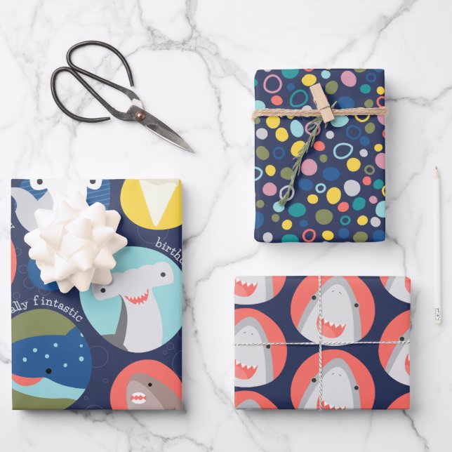 Cute Shark Species Birthday Wrapping Paper Sheets (Front)