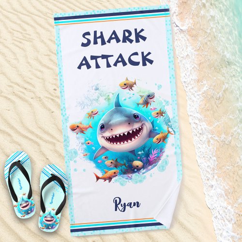 Cute Shark Summer Vacation Monogram Boy Beach Towel