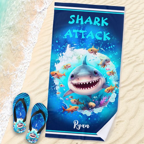 Cute Shark Summer Vacation Name Boy Beach Towel