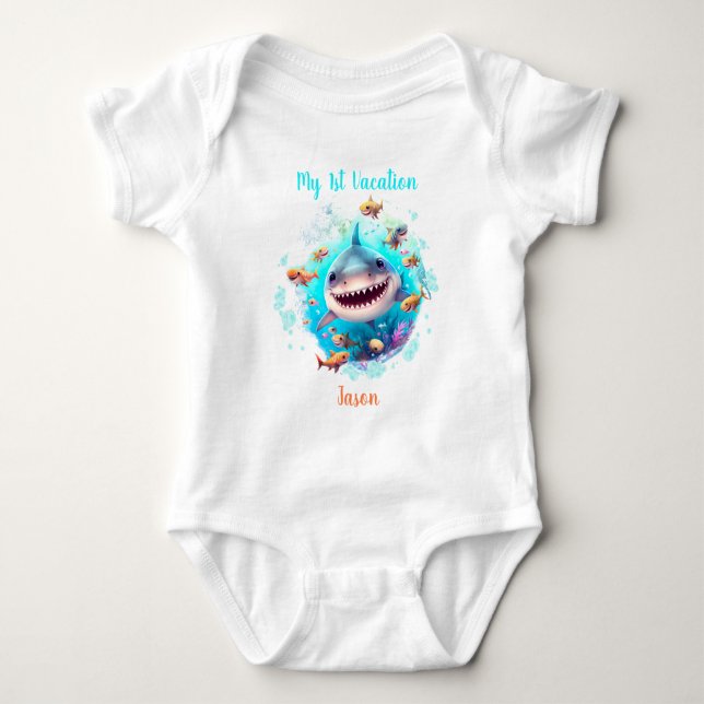 Cute Shark Summer Vacation Personalized Boy  Baby Bodysuit (Front)