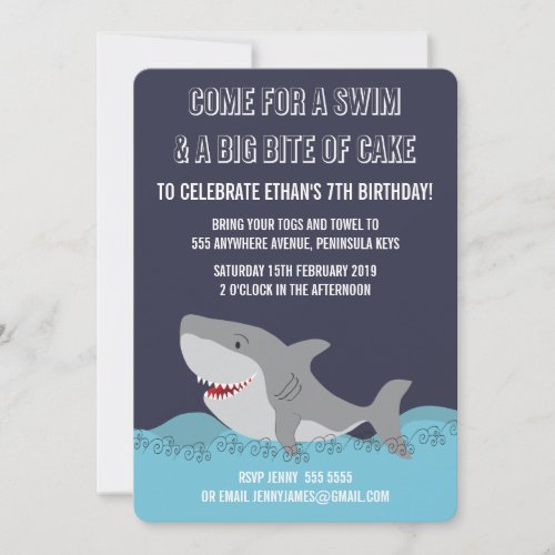 Cute Shark Theme Pool Party Boys Birthday Invite