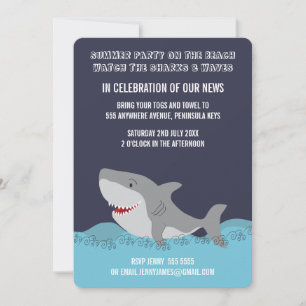 Cute Shark Theme Summer Beach Ocean Party Invitation