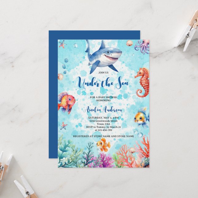 Cute Shark Under the Sea Creatures Baby Shower Invitation (Front/Back In Situ)
