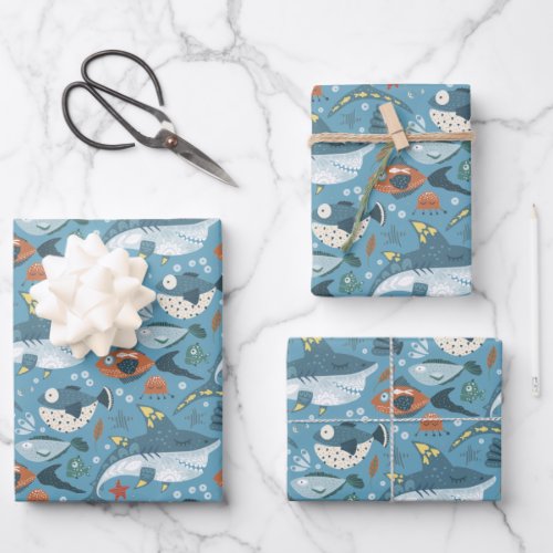 Cute Shark Under The Sea Marine Green Blue Wrapping Paper Sheets