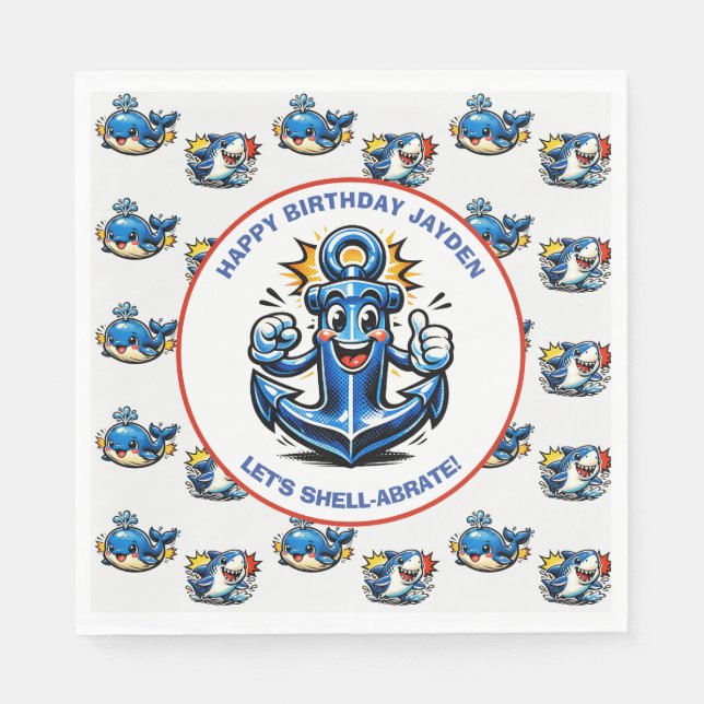 Cute Shark, Whale and Anchor Boy's Birthday Napkins (Front)