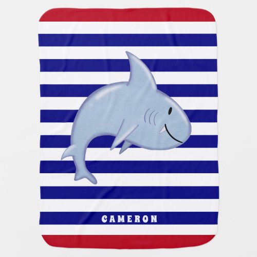 Cute Shark White Blue Striped Baby Boys Baby Blanket