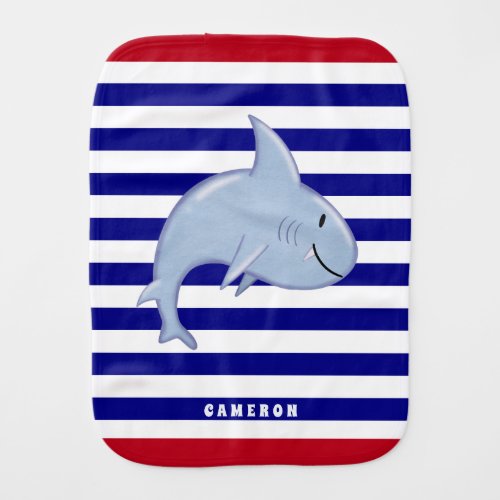 Cute Shark White Blue Striped Boys Baby Burp Cloth