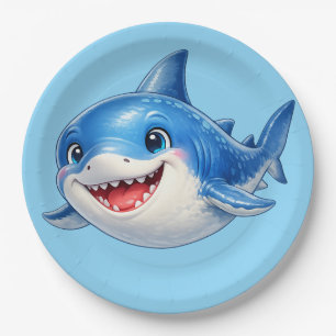 Cute Shark with Big Eyes Happy Ocean Animal Illust Paper Plates