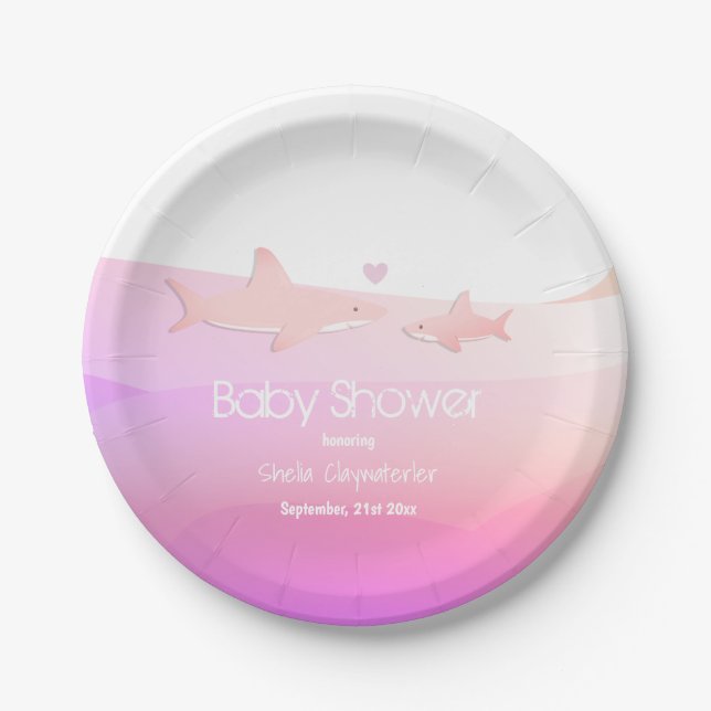 Cute Sharks and Ocean Pink | Baby Shower Paper Plates (Front)