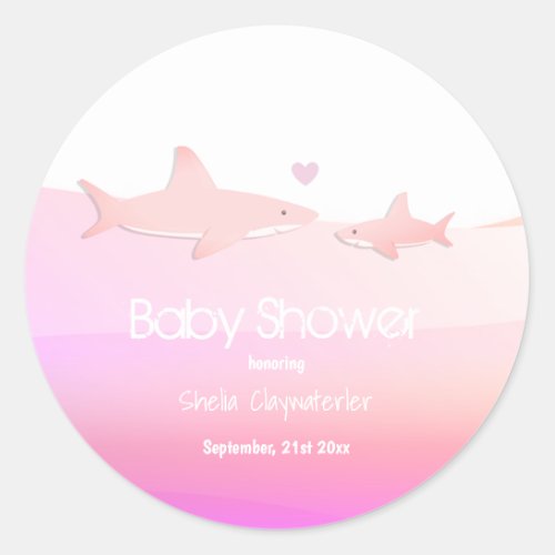 Cute Sharks and Ocean Pink  Baby Shower Sticker