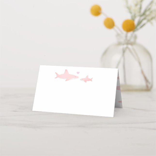 Cute Sharks and Ocean Pink White | Baby Shower Place Card (Front)