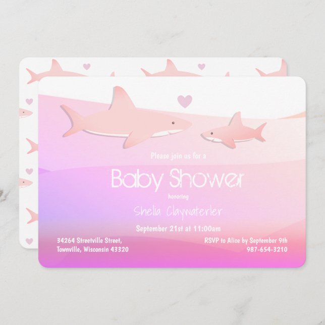 Cute Sharks and Ocean Pink White Invitation (Front/Back)